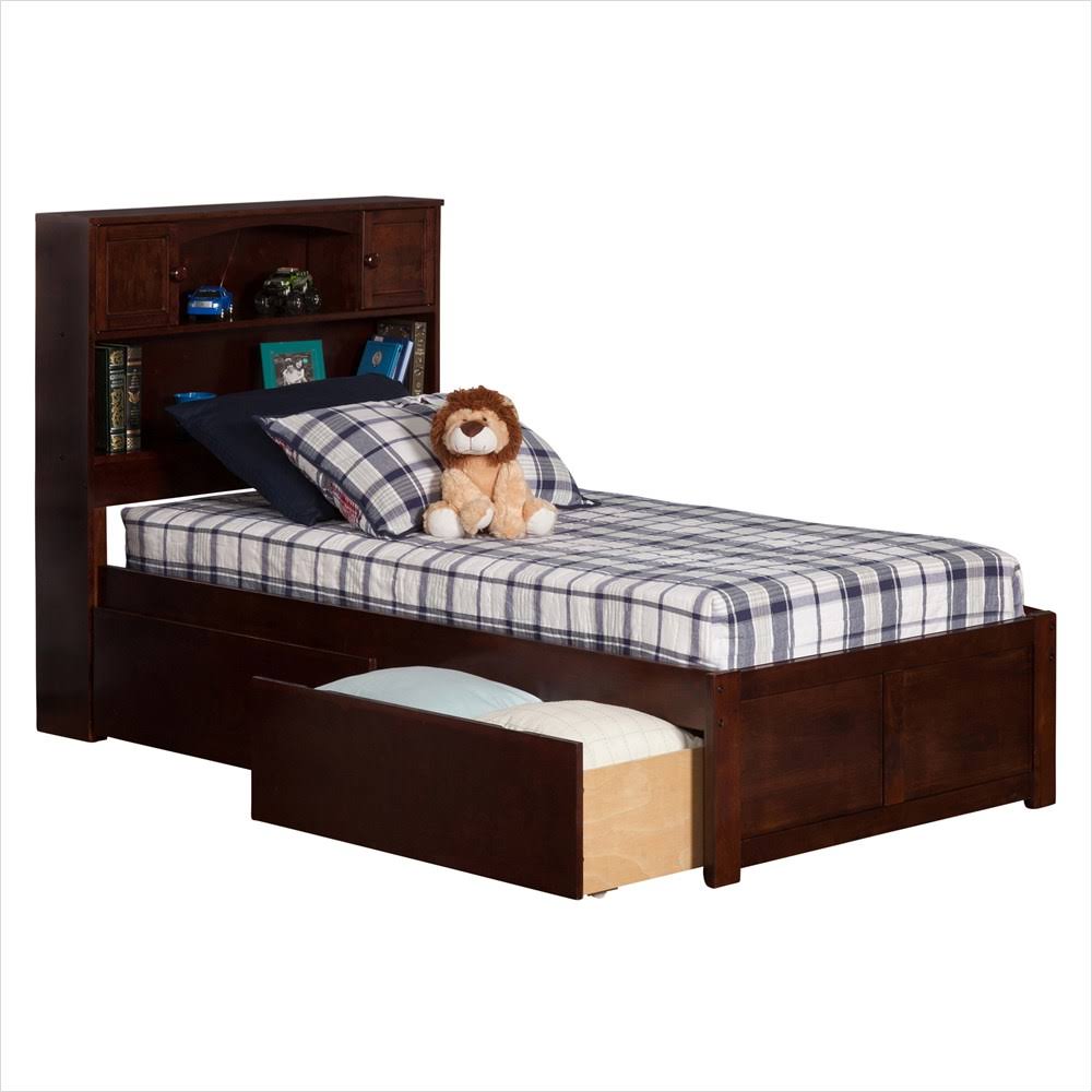 Twin Flat Panel Foot Board with 2 Bed Drawers Antique Walnut P267