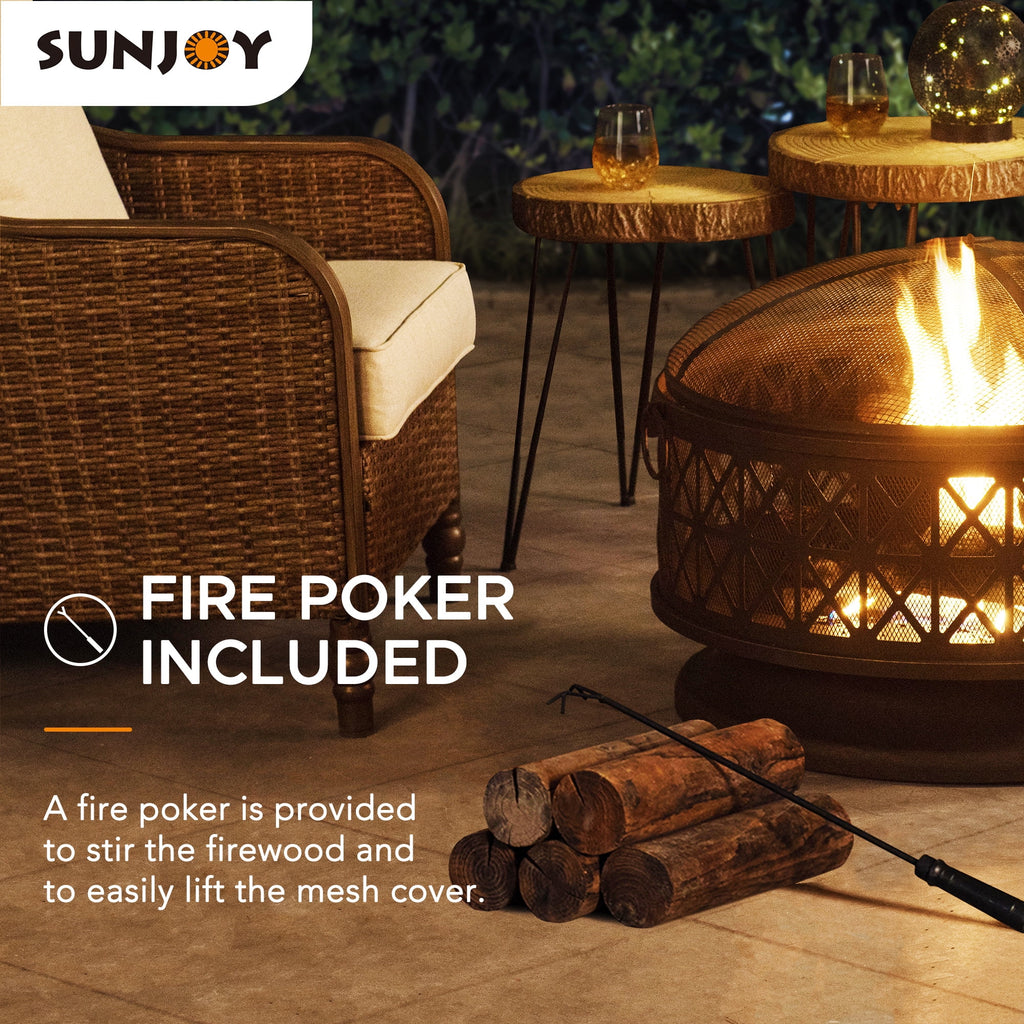 Black Round Steel Outdoor Fire Pit with Spark Screen and Fire Poker Z830