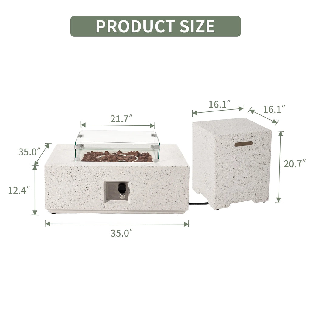 35-inch Square Terrazzo White Propane Fire Pit with Wind Guard and Side Table F5936