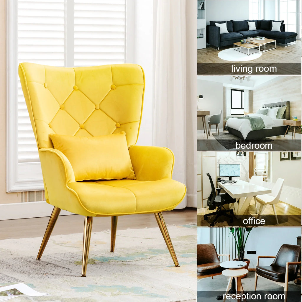 Yellow Velvet Wing Back Accent Chair with Pillow Z82364