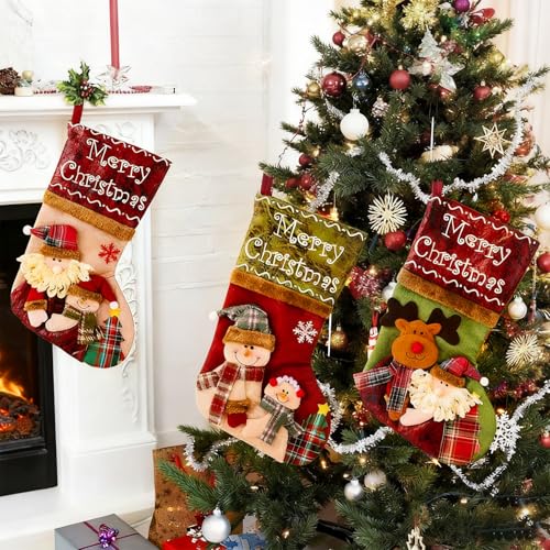 3 Pack Christmas Stockings with Santa Snowman Reindeer Design G78422