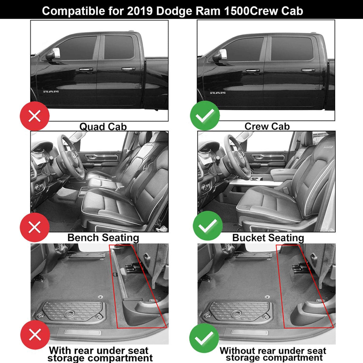 Black TPE All Weather Custom Fit Floor Mats for Dodge Ram 1500 2019-2021 First and Second Row Full Set J1331