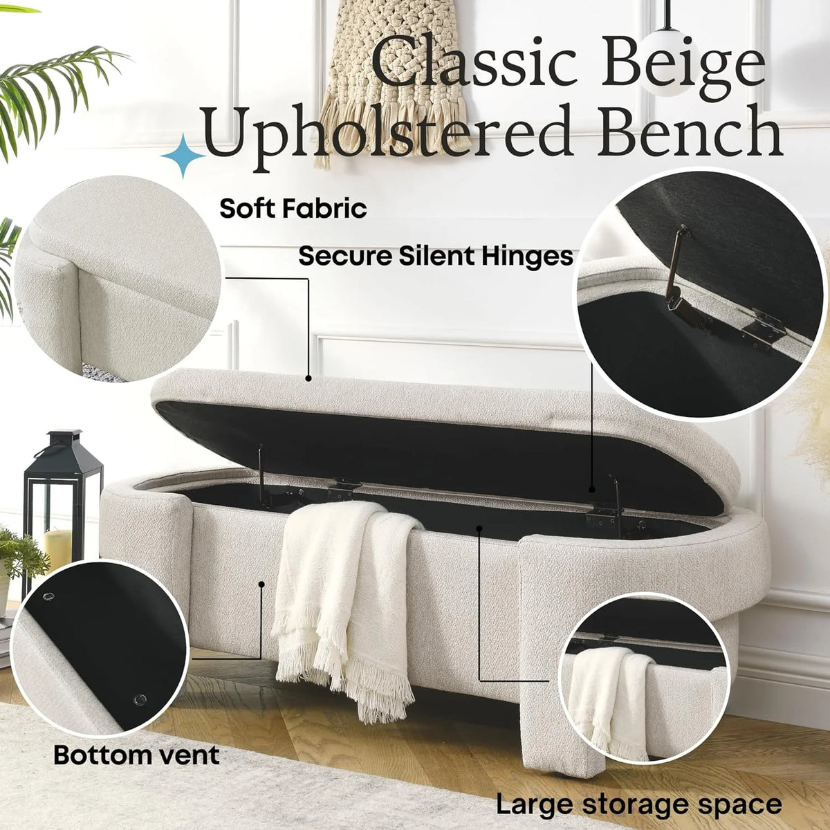 51.5" Oval Linen Fabric Upholstered Storage Bench C27857