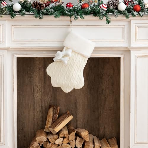White Knit Cat Paw Christmas Stockings with Faux Fur Cuff S239