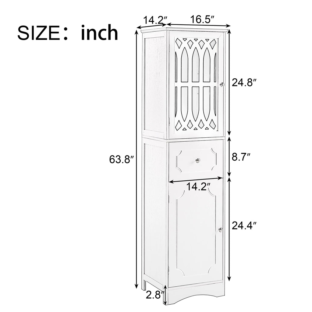 Tall Bathroom Storage Cabinet with Doors Drawers Wood Floor Freestanding Organizer I47954