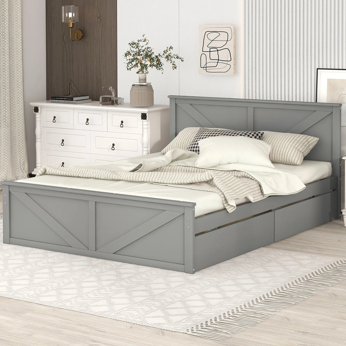 Wood Queen Bed Frame with 4 Storage Drawers V7890