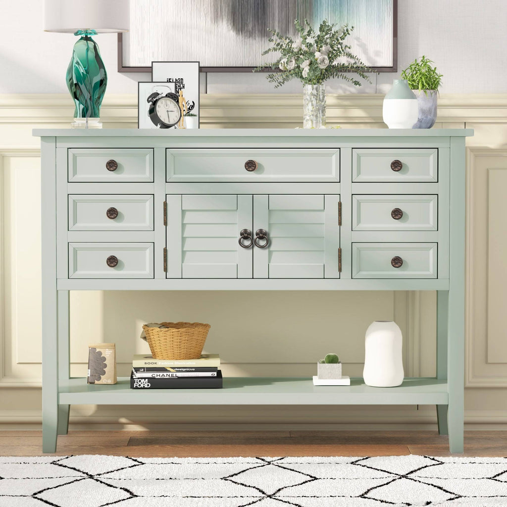Light Blue Pine Console Table with 7 Drawers, 1 Cabinet, 1 Shelf N32833