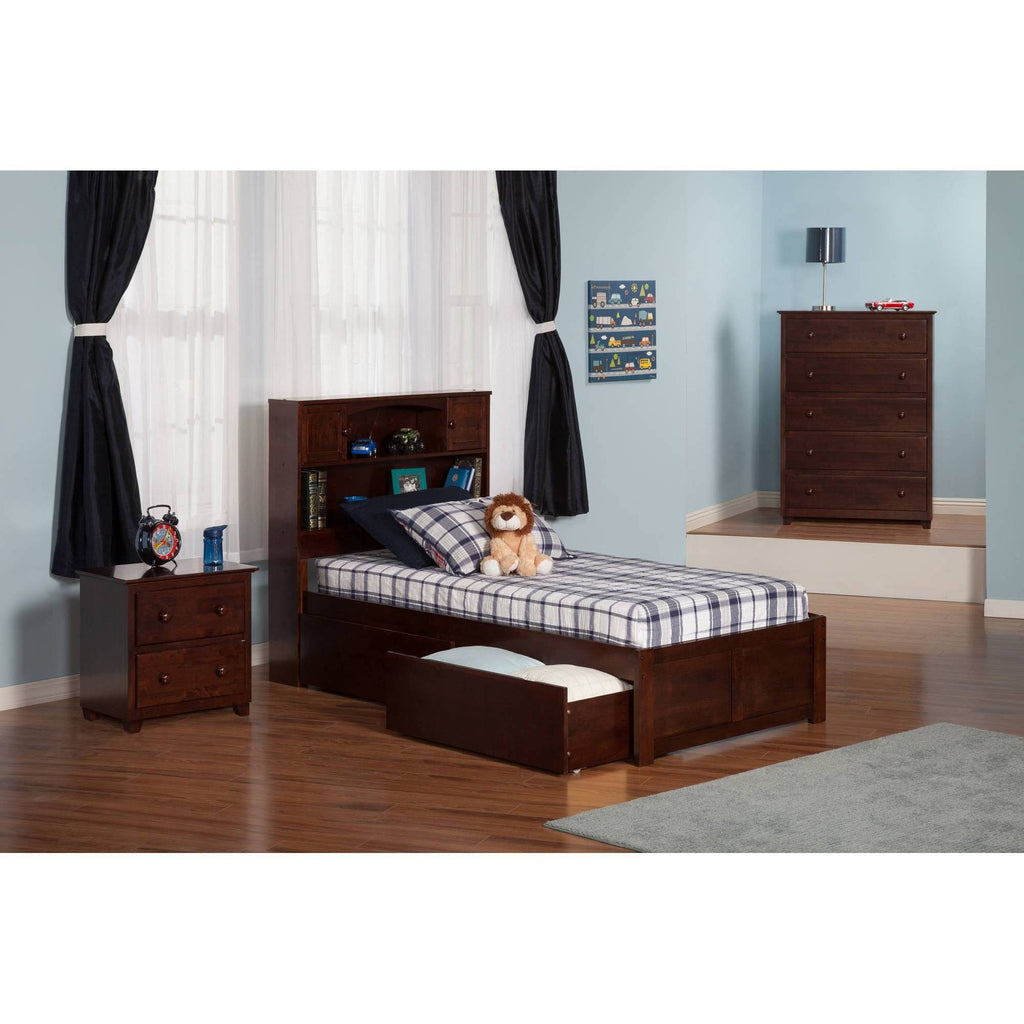Twin Flat Panel Foot Board with 2 Bed Drawers Antique Walnut P267