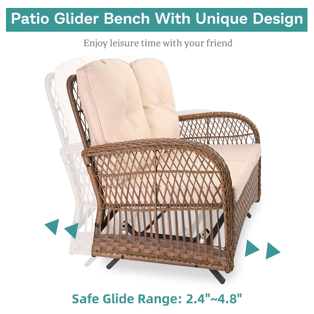 Outdoor Wicker Patio Glider Set with Glass-Top Coffee Table D505770