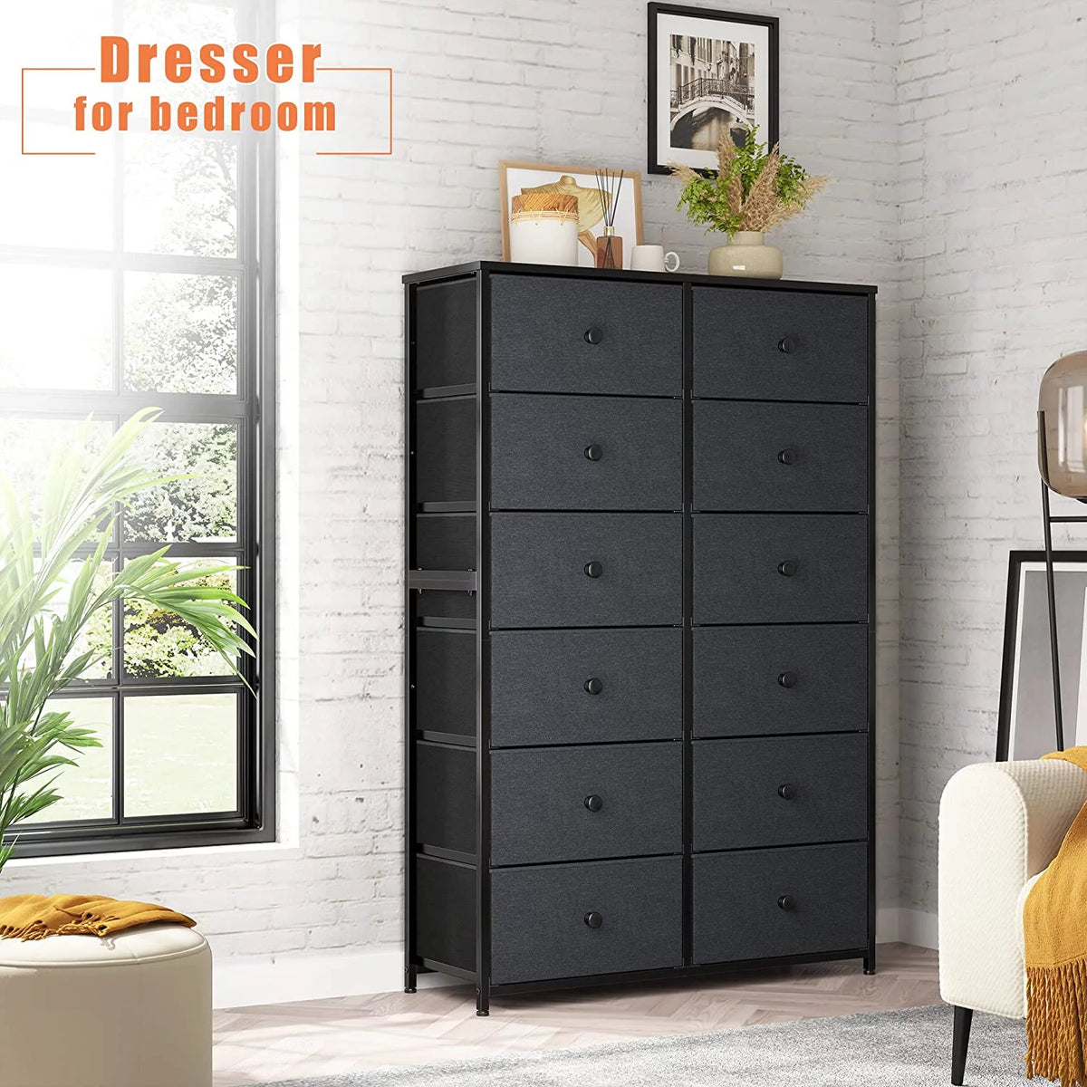 12 Drawer Fabric Dresser with Wood Top and Metal Frame T990