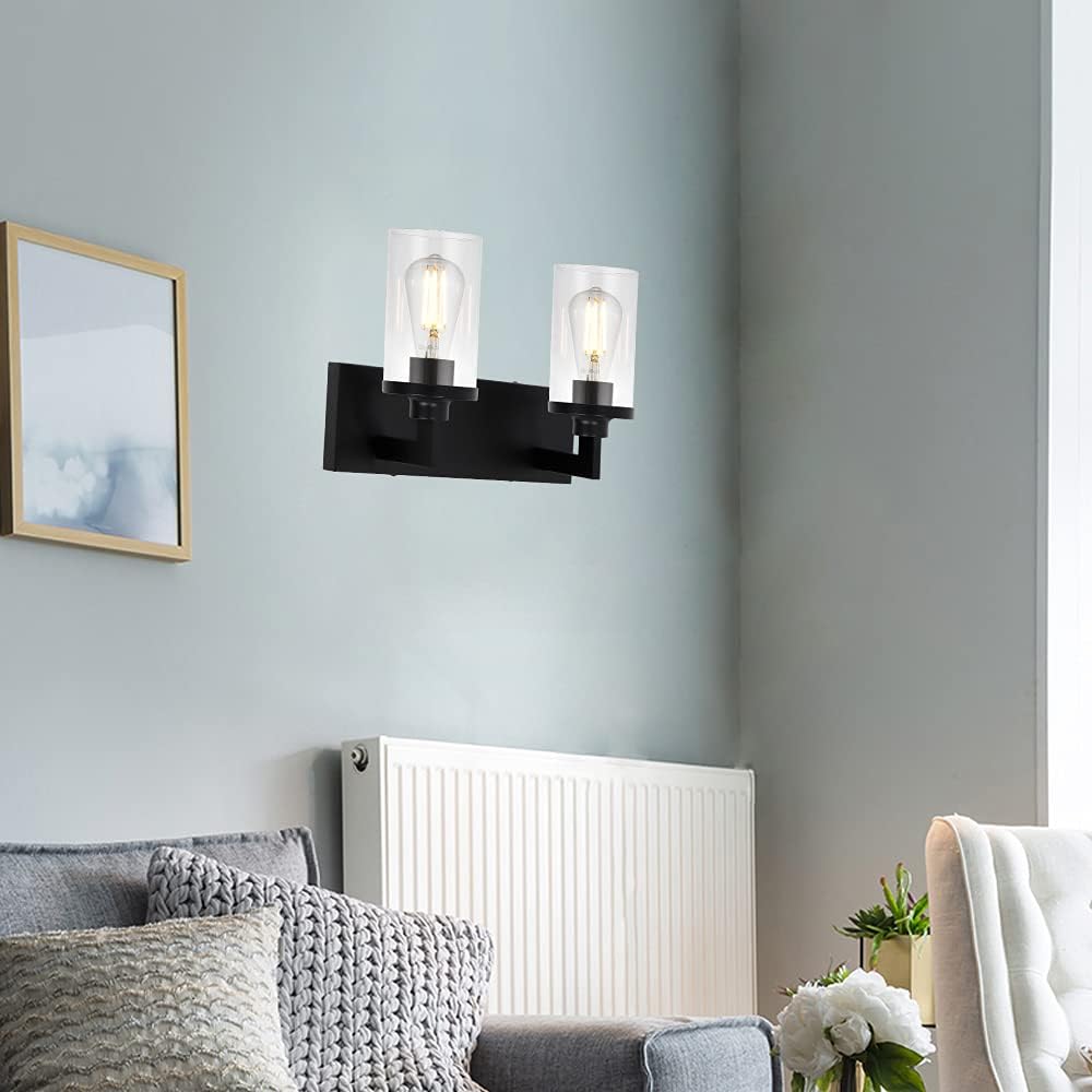 2 Light Matte Black Wall Sconces with Cylinder Glass Shade G60187
