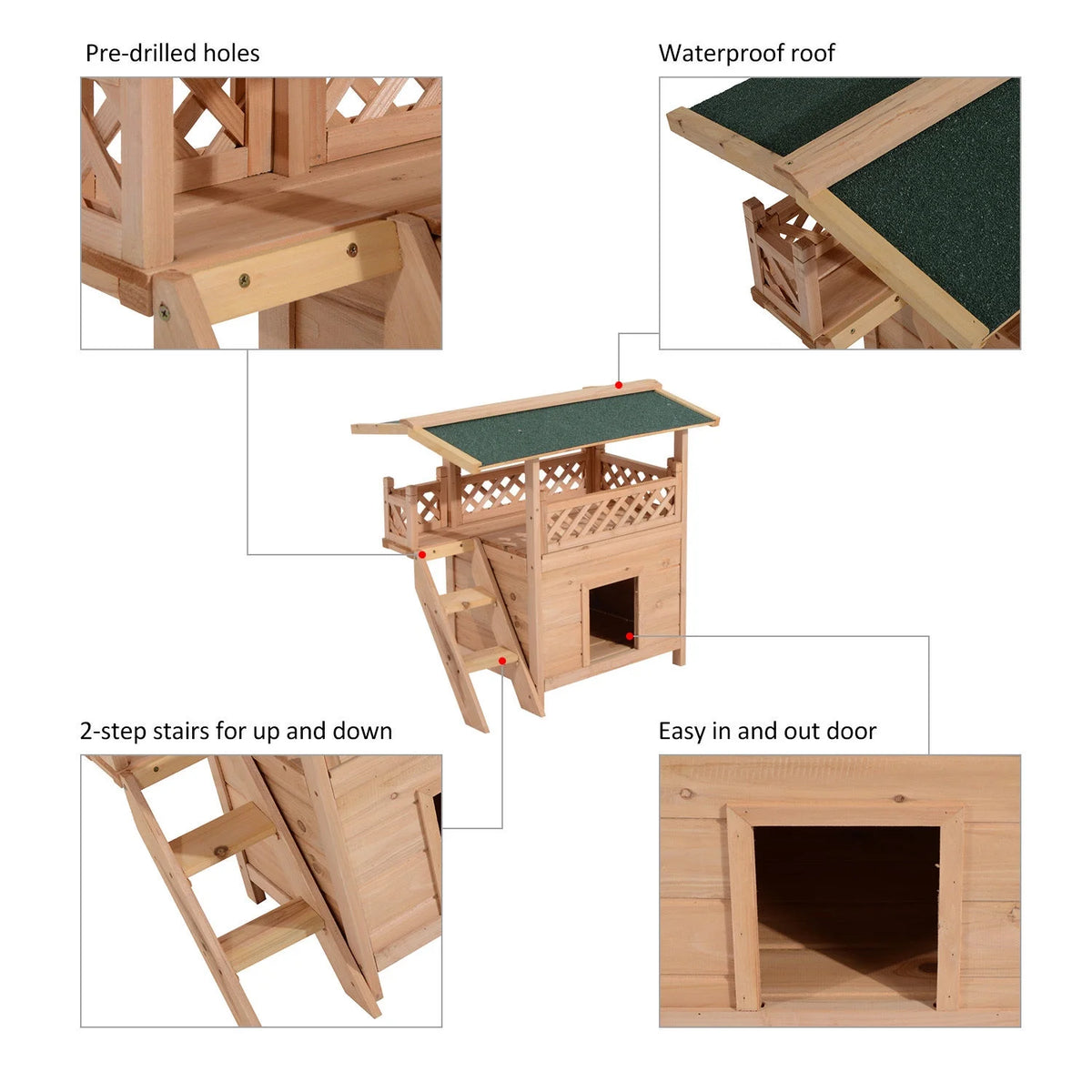 2-Story Wooden Cat House Shelter With Balcony Roof E8880