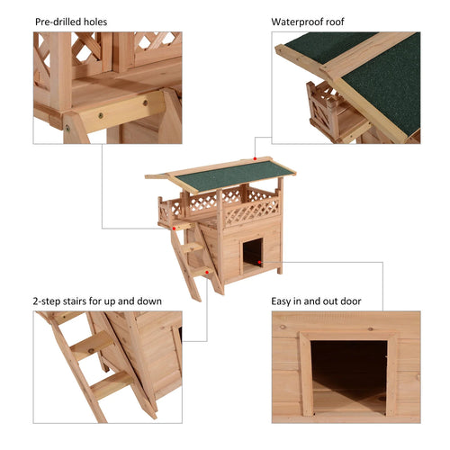 2-Story Wooden Cat House Shelter With Balcony Roof E8880
