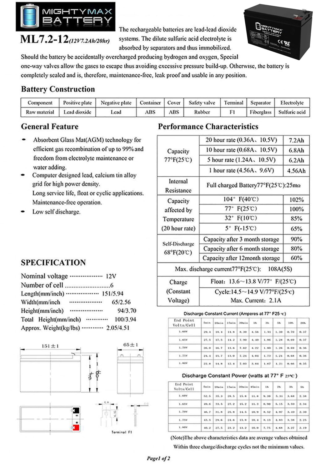 12 Volt 7.2 AH Rechargeable SLA AGM Battery C100