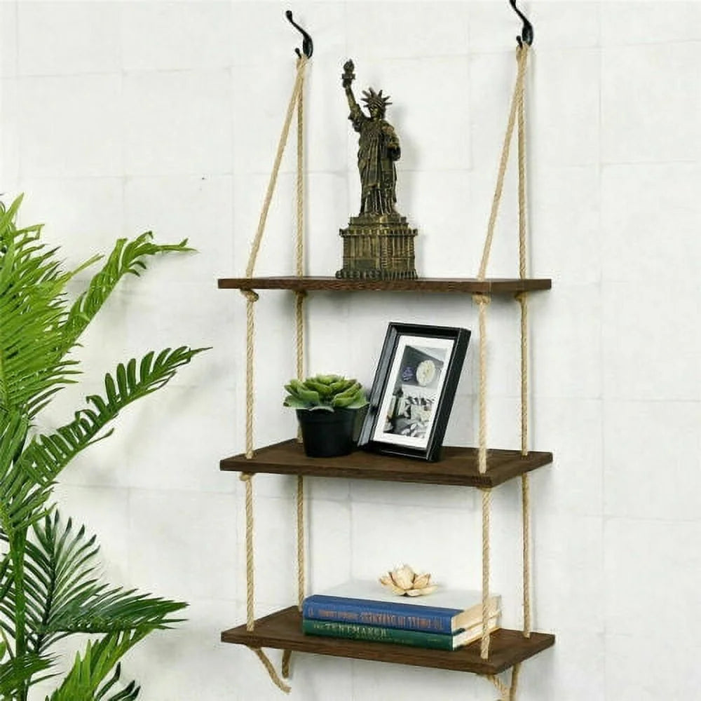 Rustic Wooden 3 Tiers Wall Hanging Rope Shelf L645799