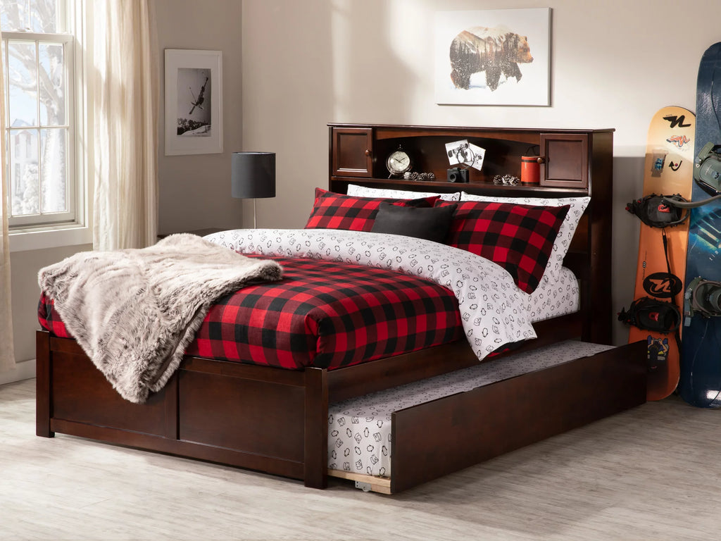 Full Solid Wood Platform Bed with Footboard & Trundle in Walnut D377248