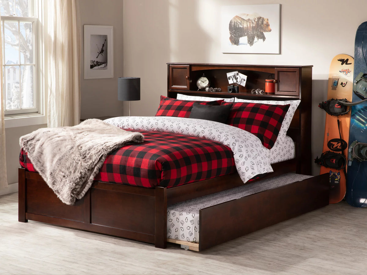 Full Solid Wood Platform Bed with Footboard & Trundle in Walnut D377248