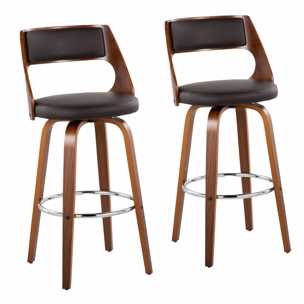 Walnut And Brown Faux Leather Swivel Barstool Set Of 2 P315