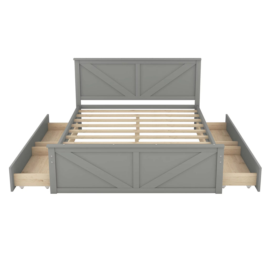 Wood Queen Bed Frame with 4 Storage Drawers V7890