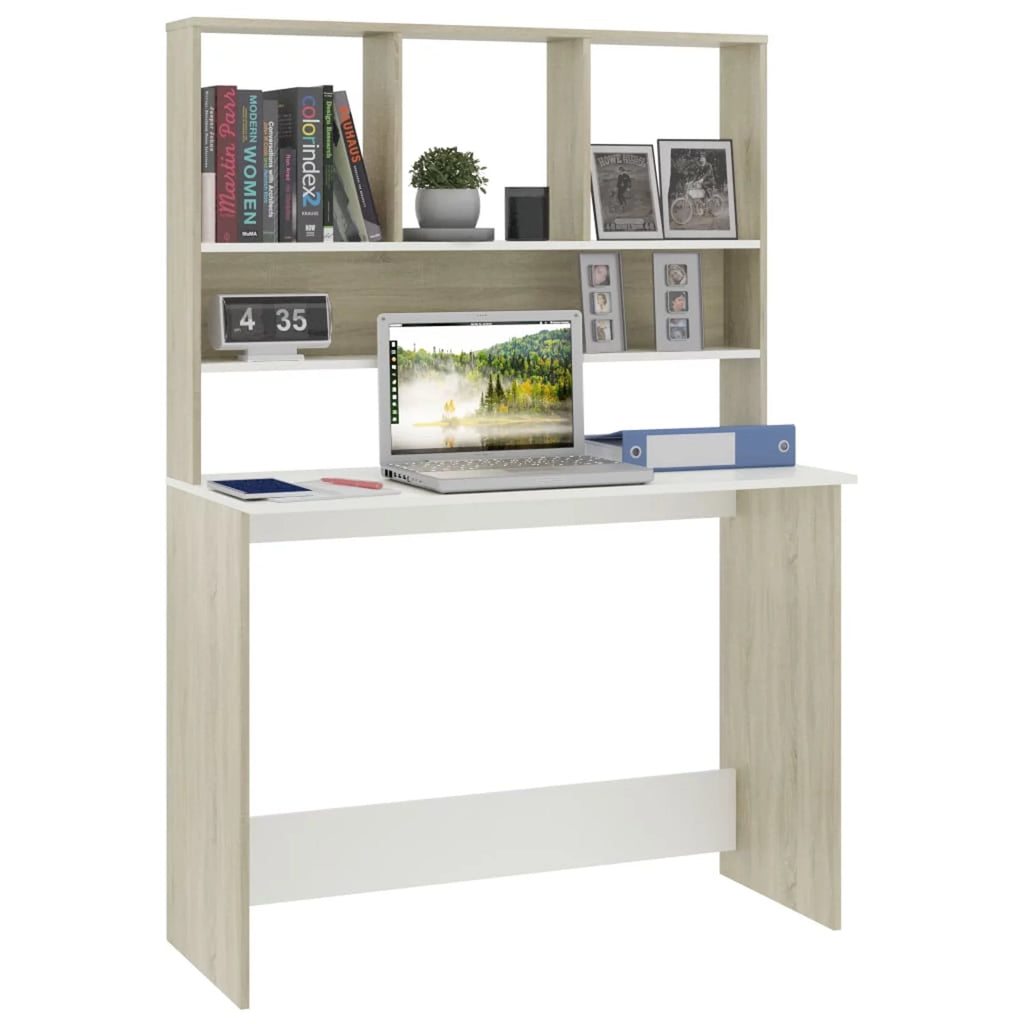 White and Sonoma Oak Engineered Wood Desk with Shelves K53573