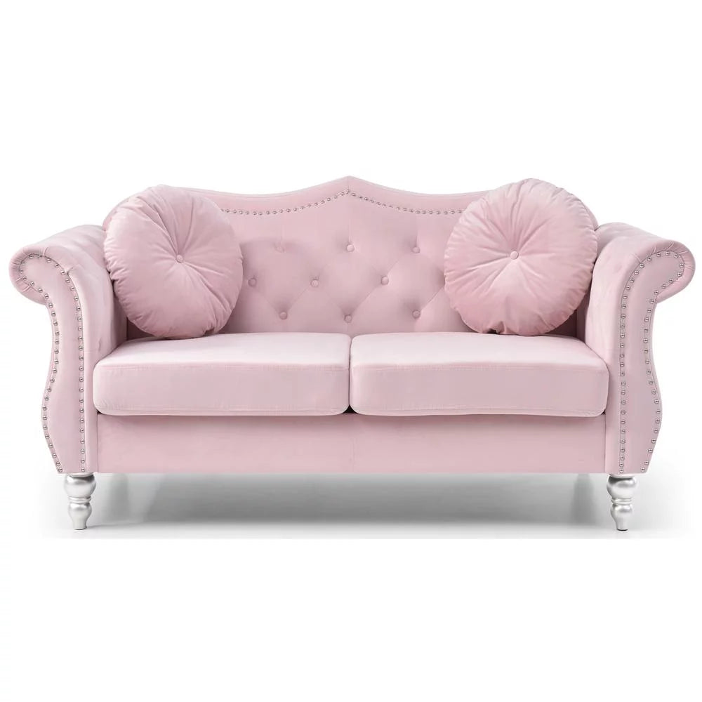 Pink Velvet Chesterfield Loveseat with 2-Throw Pillow O799