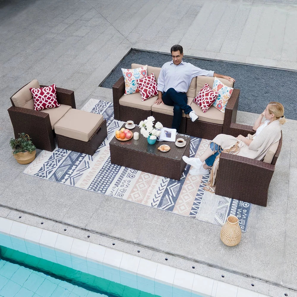 7 Pieces Rattan Patio Furniture Set with Beige Cushions B220