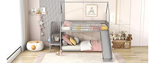 Twin Over Twin Metal Bunk Bed with Slide and Storage Staircase Y963