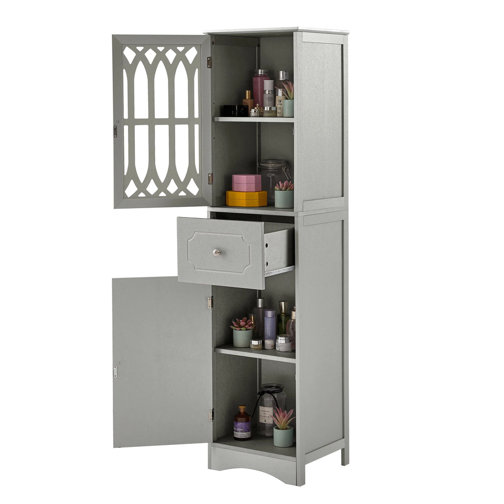 Tall Bathroom Storage Cabinet with Doors Drawers Wood Floor Freestanding Organizer I47954