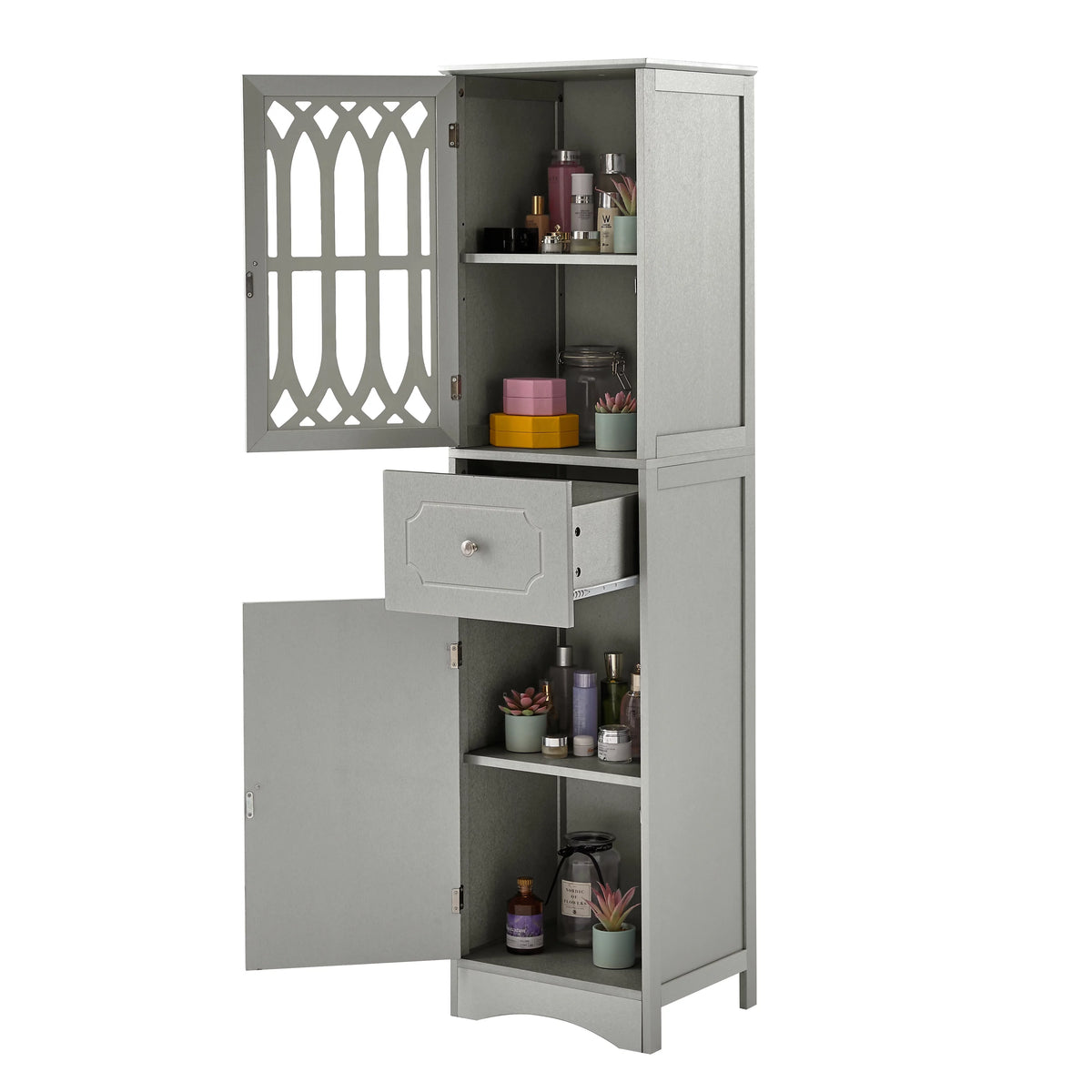 Tall Bathroom Storage Cabinet with Doors Drawers Wood Floor Freestanding Organizer I47954