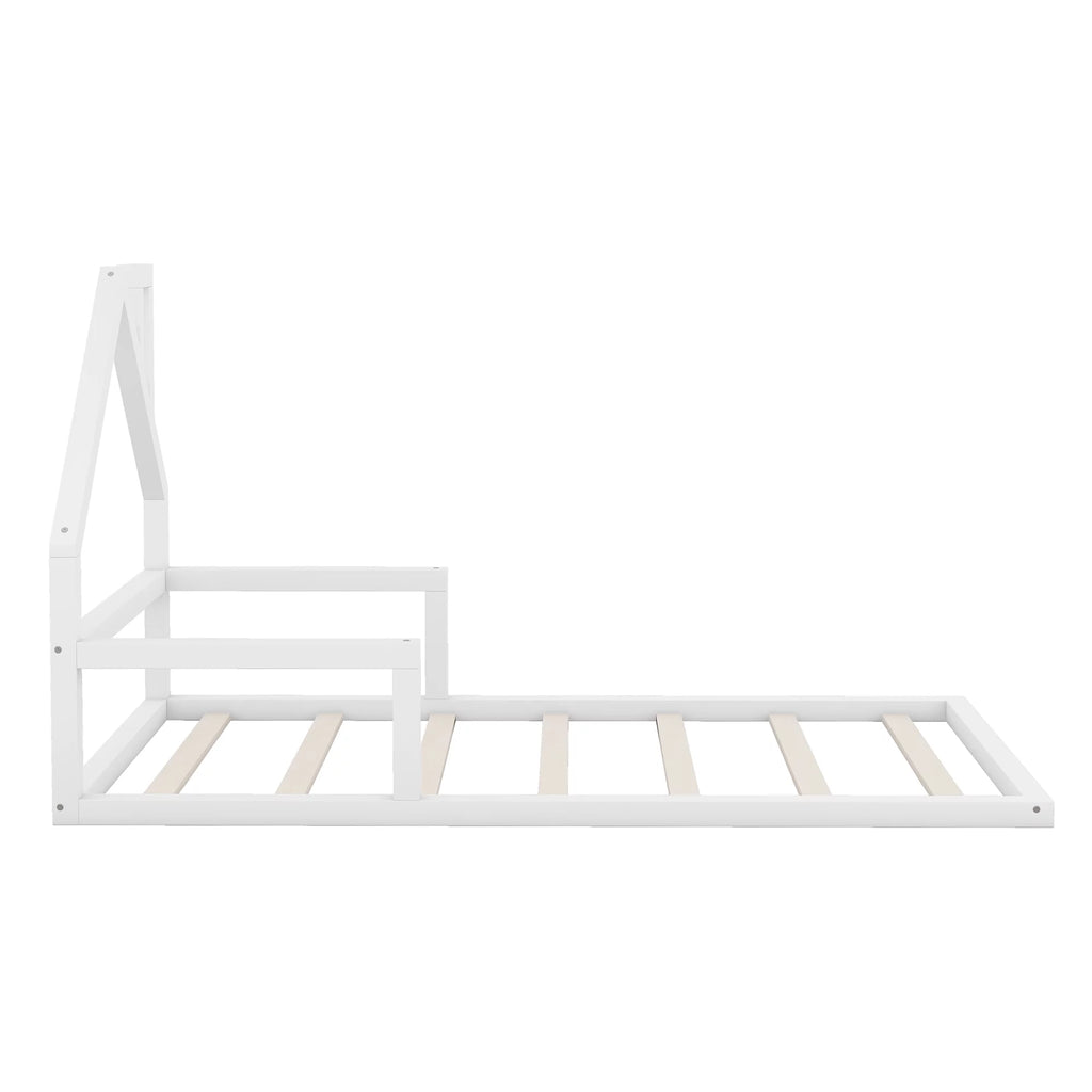 White Twin Size Wood Floor Bed with House-shaped Headboard G181