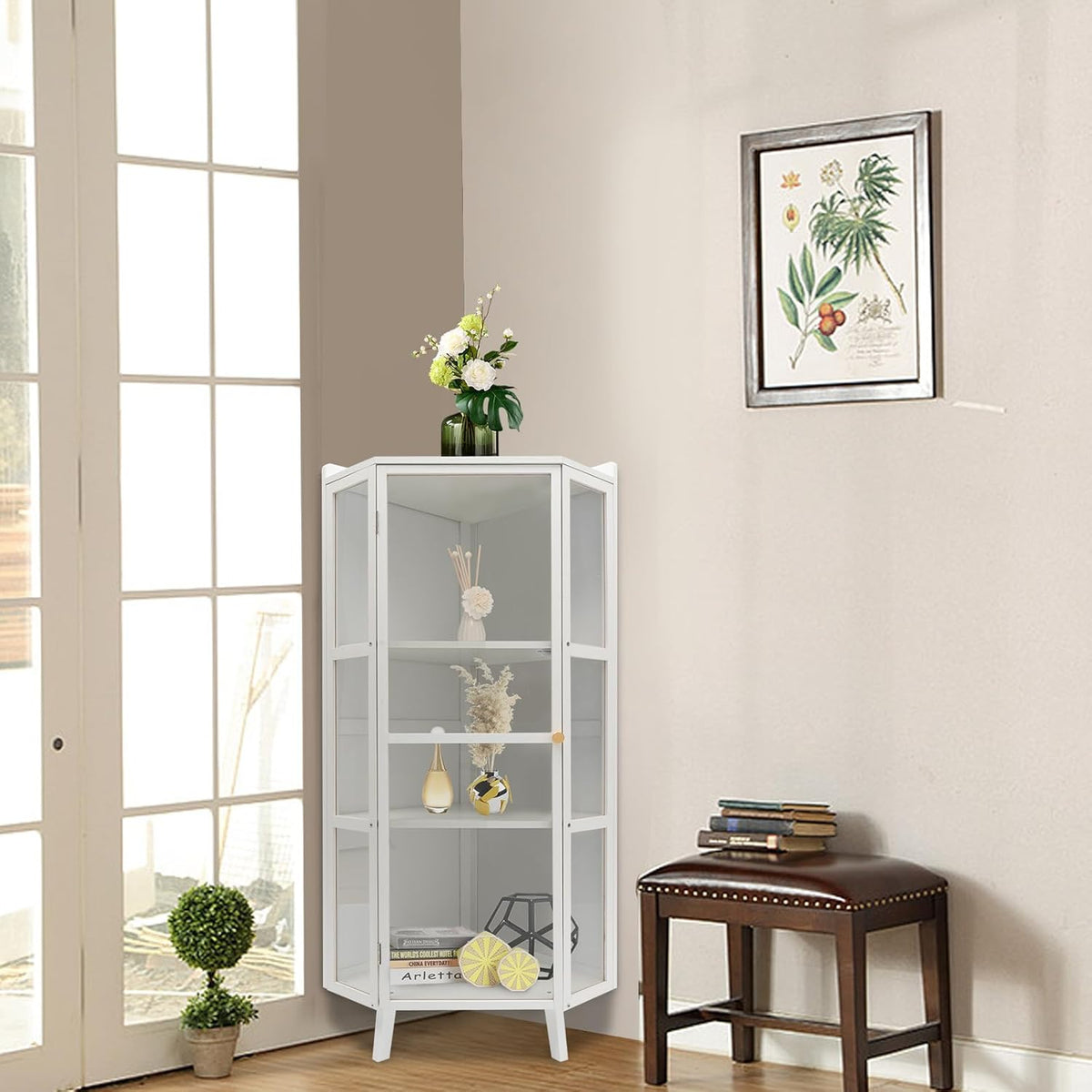 White 3-Tier Corner Storage Cabinet with Clear Door Z44216