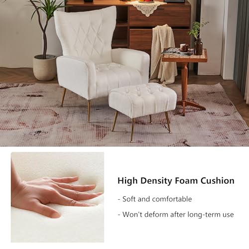 White Upholstered Boucle High Wingback Armchair with Gold Metal Legs F44254