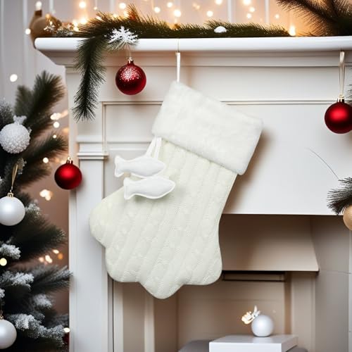 White Knit Cat Paw Christmas Stockings with Faux Fur Cuff S239