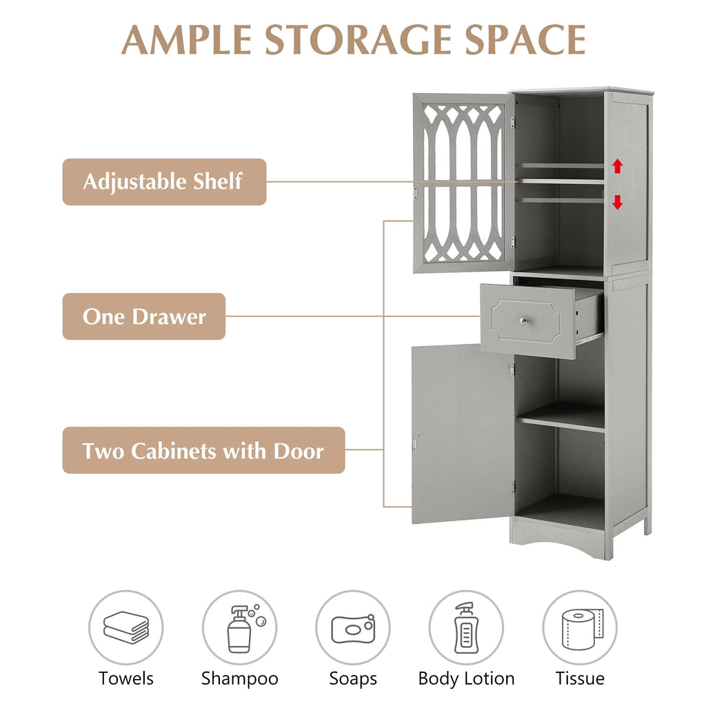 Tall Bathroom Storage Cabinet with Doors Drawers Wood Floor Freestanding Organizer I47954