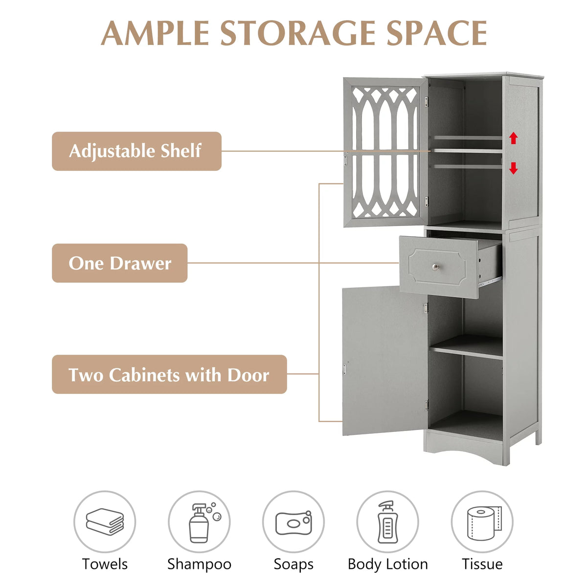 Tall Bathroom Storage Cabinet with Doors Drawers Wood Floor Freestanding Organizer I47954