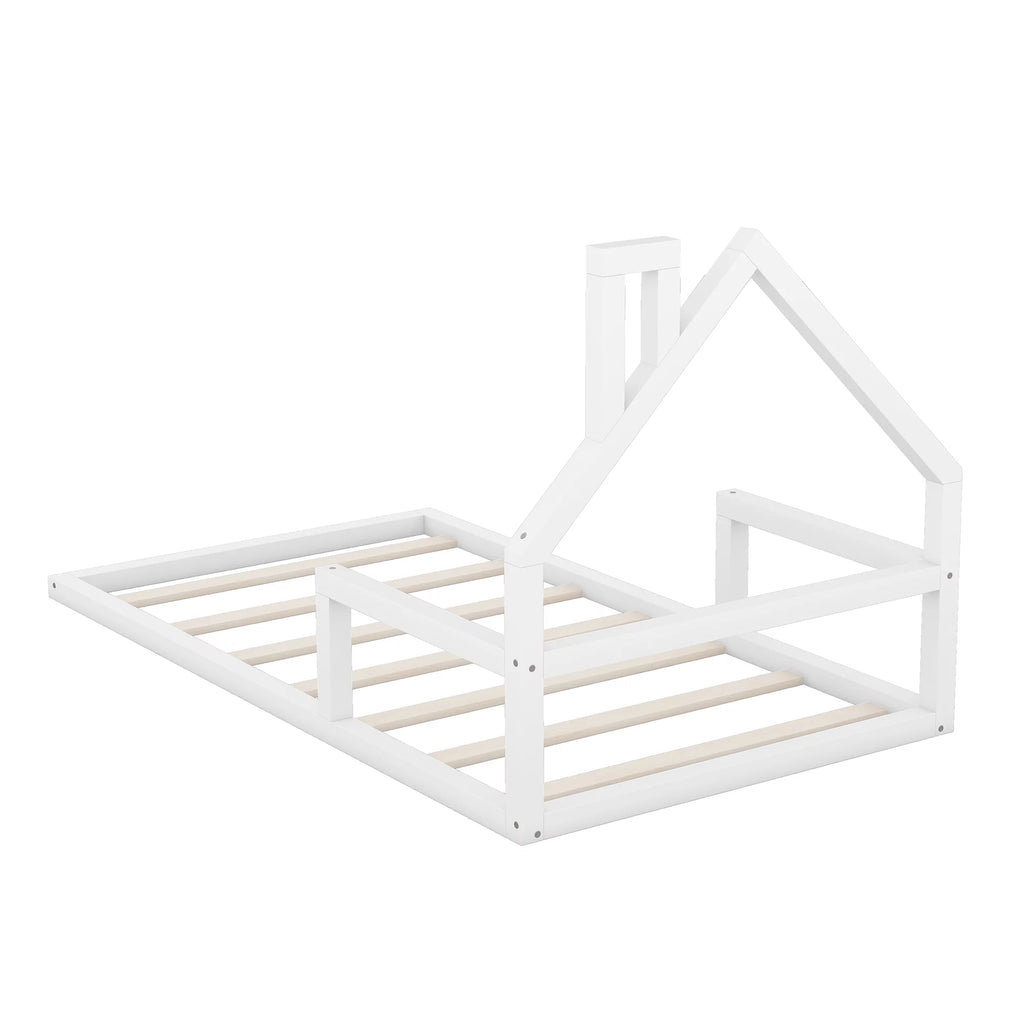 White Twin Size Wood Floor Bed with House-shaped Headboard G181