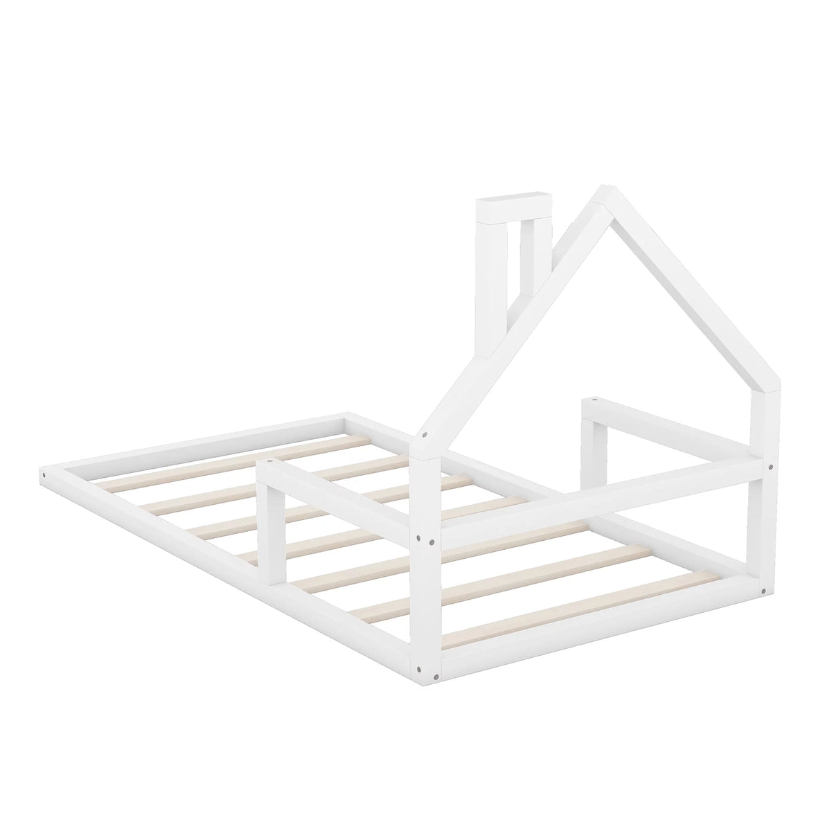 White Twin Size Wood Floor Bed with House-shaped Headboard G181