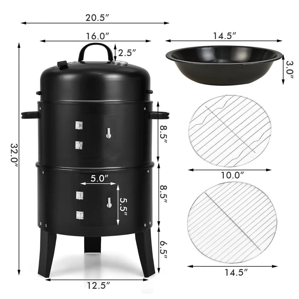 3-in-1 Vertical Charcoal Smoker Grill with 2 Layer J740