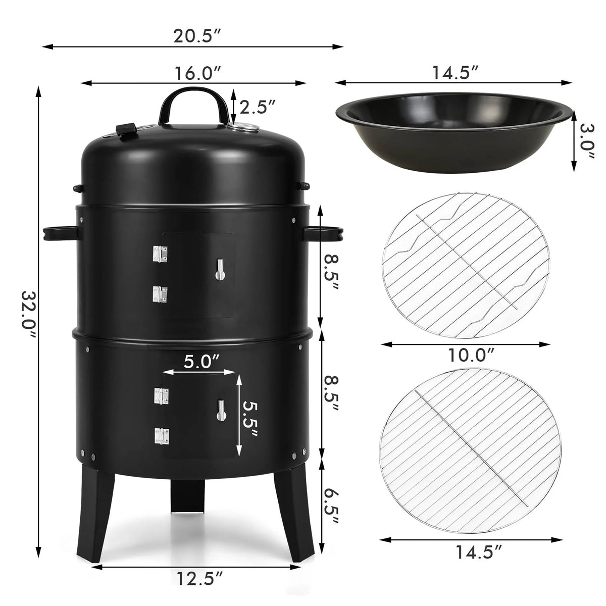 3-in-1 Vertical Charcoal Smoker Grill with 2 Layer J740