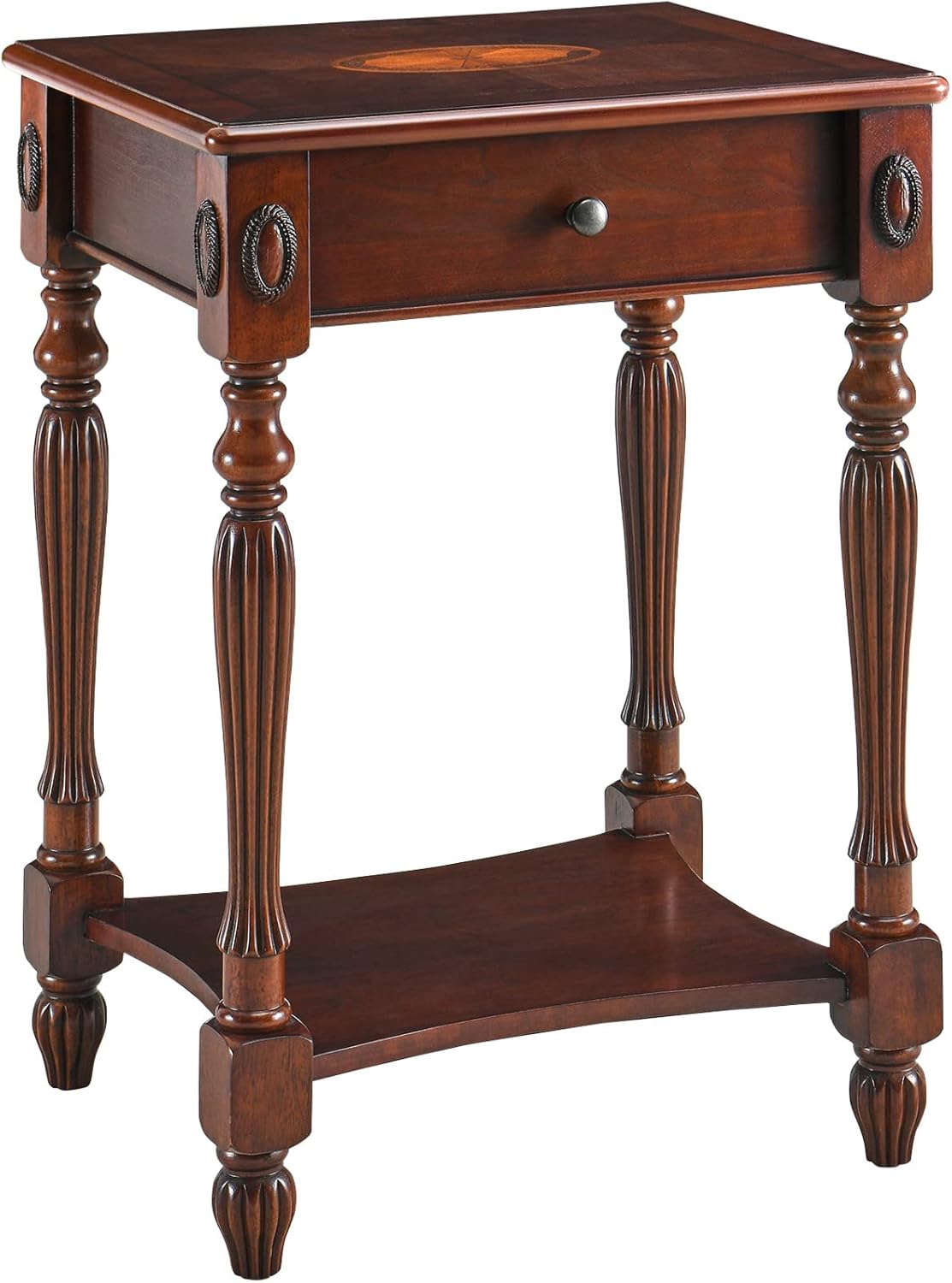 Solid Wood Oval End Table with Tempered Glass and Storage Shelf Walnut P407