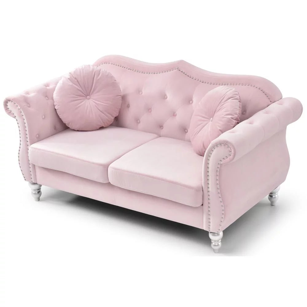 Pink Velvet Chesterfield Loveseat with 2-Throw Pillow O799