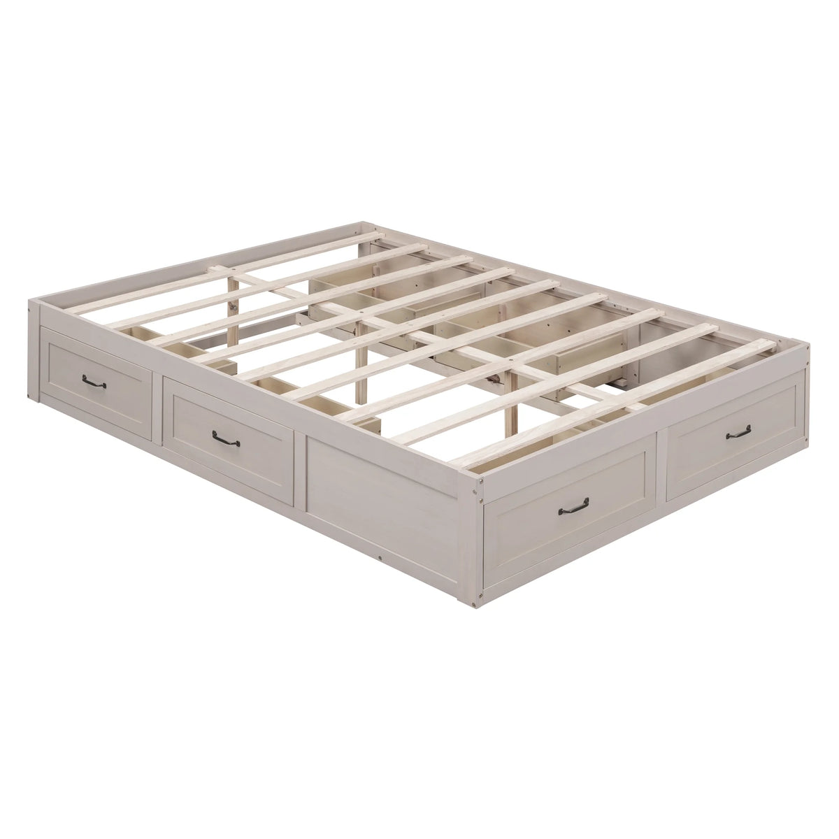 Antique White Wood Queen Size Platform Bed with 6 Drawers W345779