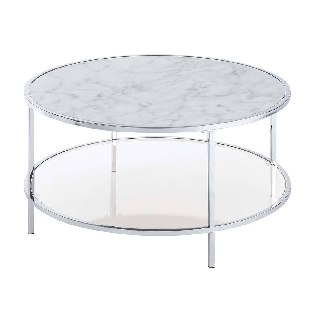 Round Coffee Table White Faux Marble Chrome Y329