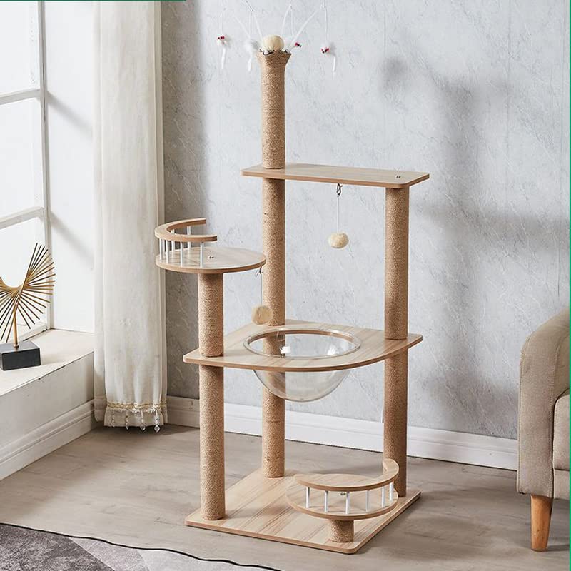 Wooden Large Cat Tree Floor to Ceiling Cat Tower Height Adjustable with Natural Sisal Rope Scratching Post Cozy Bed J840774