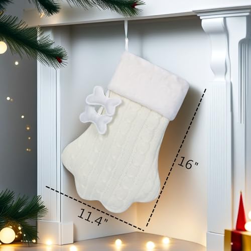 White Knit Cat Paw Christmas Stockings with Faux Fur Cuff S239