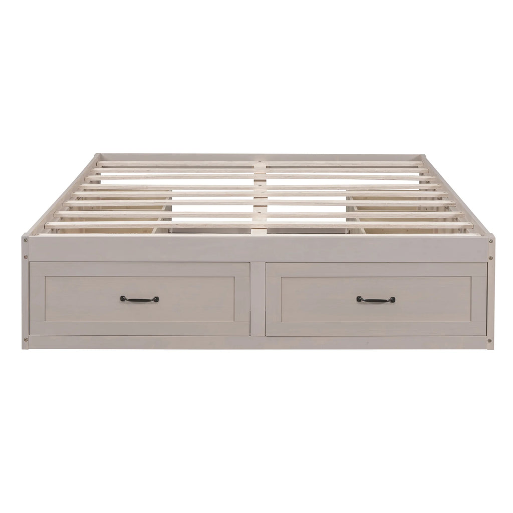 Antique White Wood Queen Size Platform Bed with 6 Drawers W345779