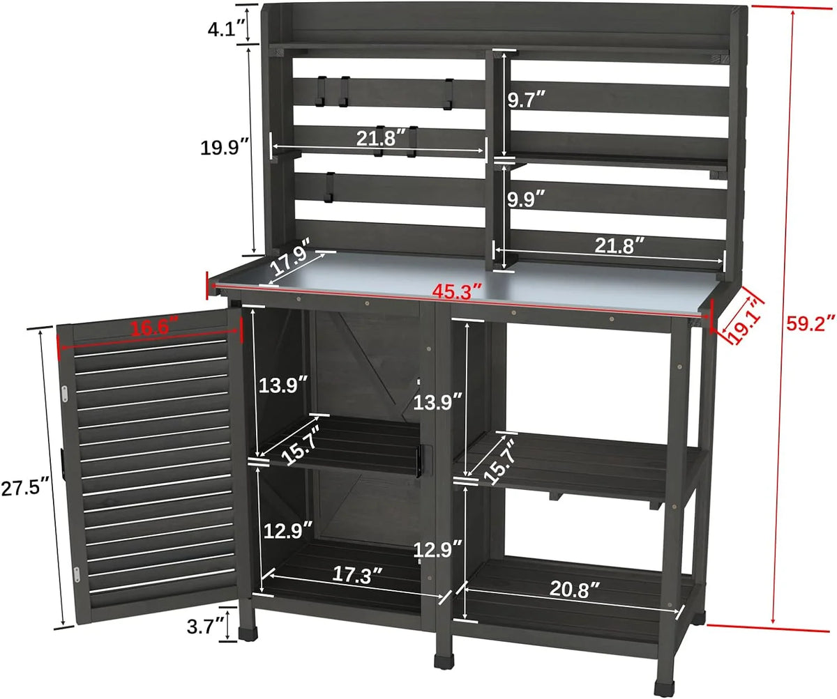Large Dark Grey Potting Bench Table with Storage Cabinet Shelf F194261