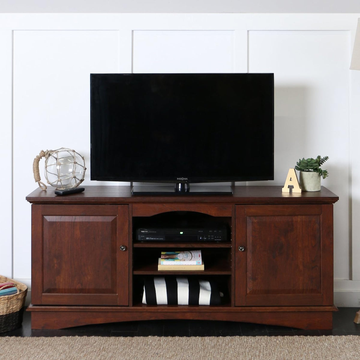 Black 42 Inch Wood TV Stand with Cabinet Doors and Open Shelves N90367