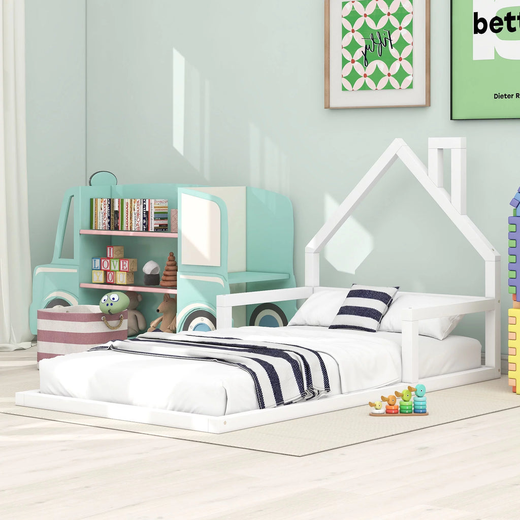 White Twin Size Wood Floor Bed with House-shaped Headboard G181