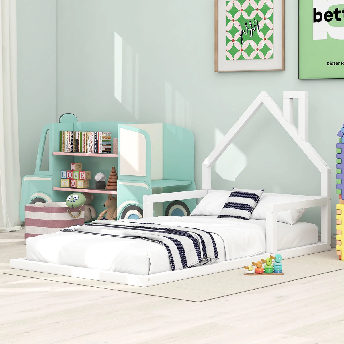 White Twin Size Wood Floor Bed with House-shaped Headboard G181